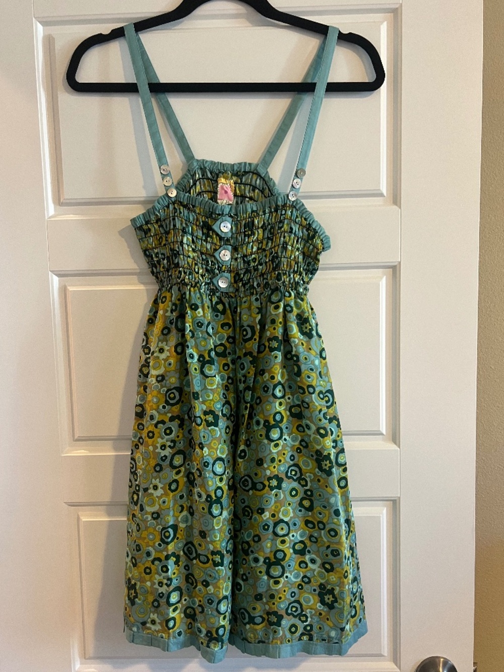 Free People Green Blue I Heart You Mini Dress Smocked Retro Geometric Size S
